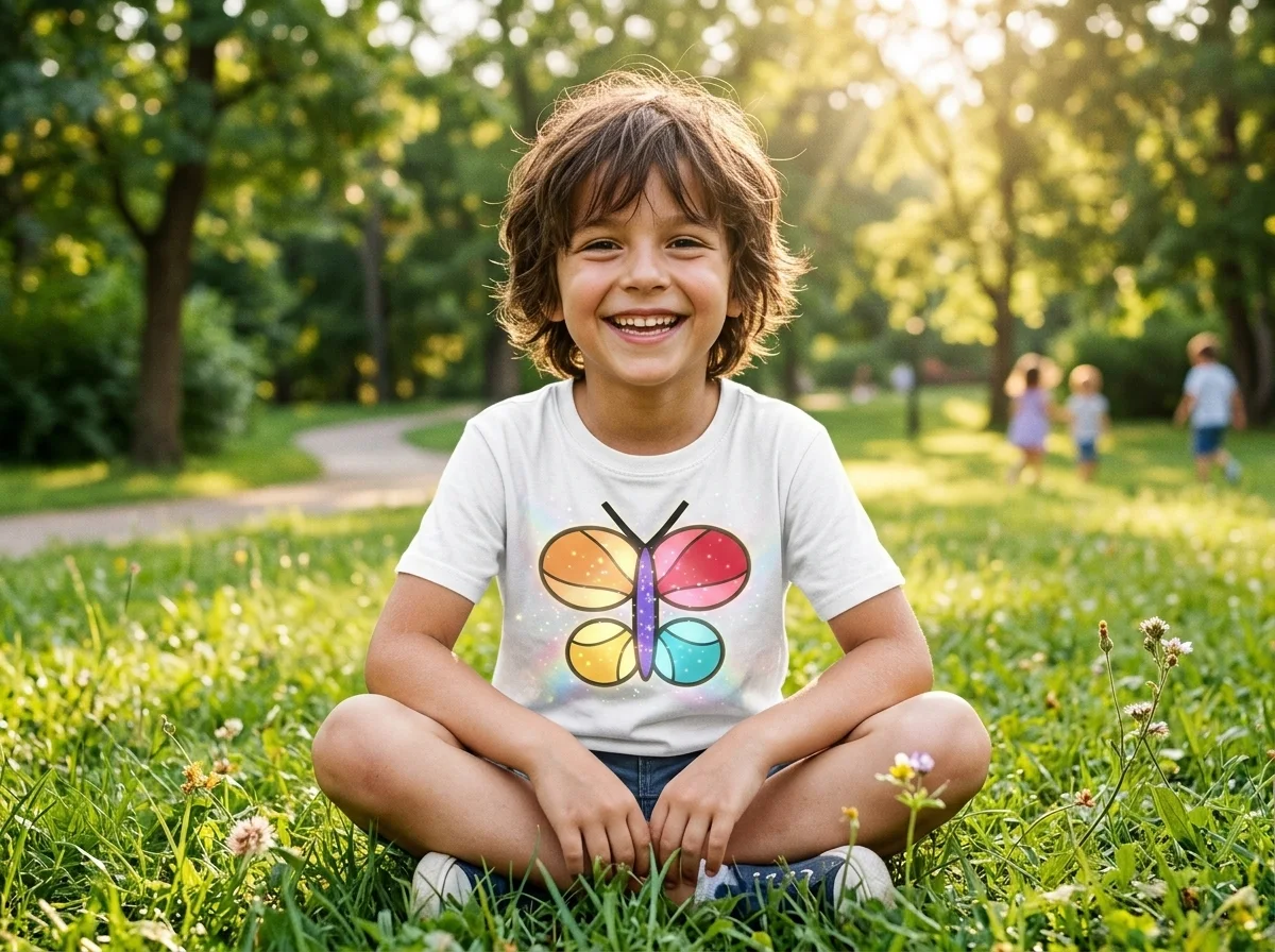 A smiling child in a park wearing a T-shirt printed with a rainbow butterfly creation