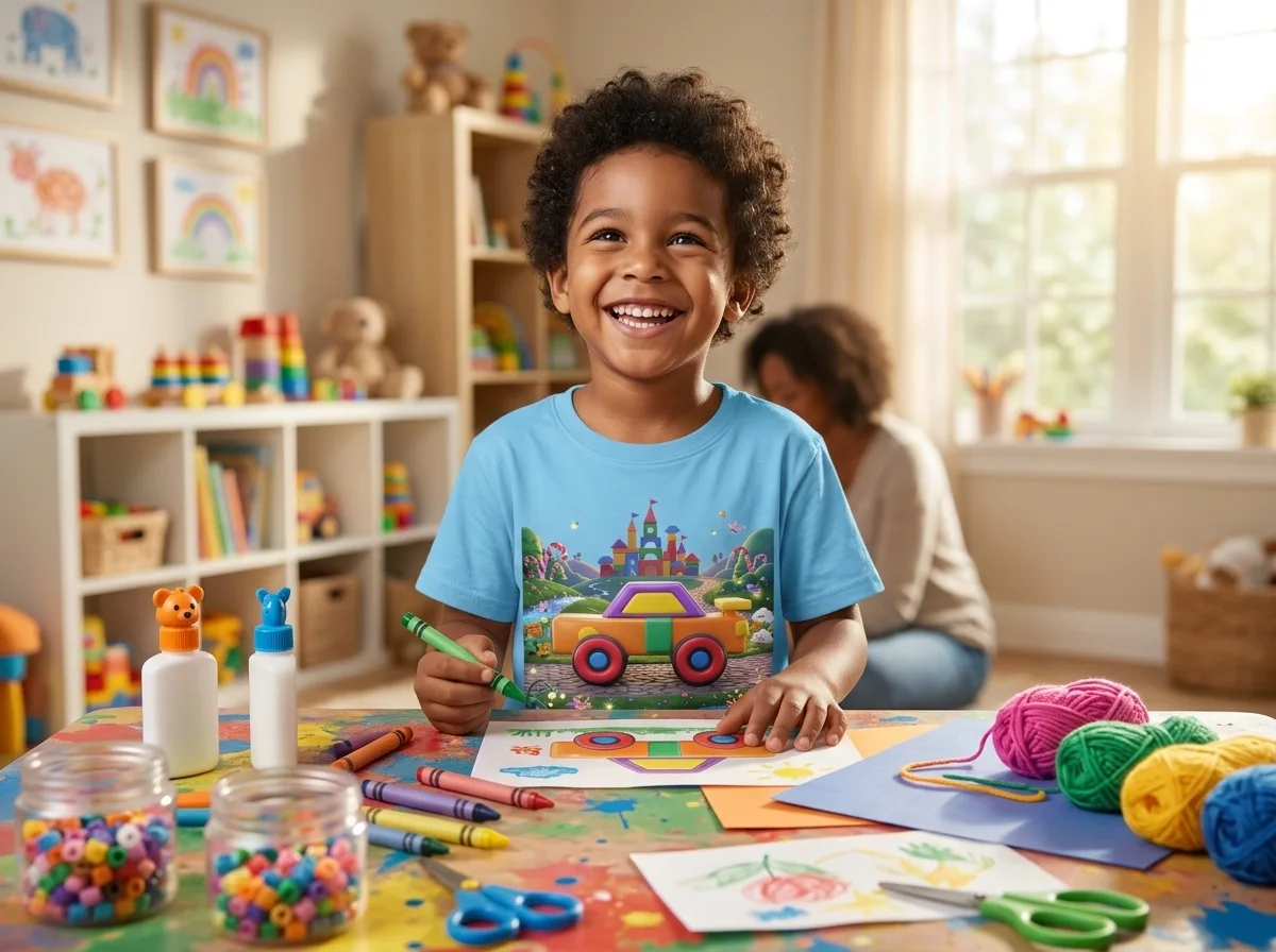 A smiling child at a craft table wearing a T-shirt printed with a block car creation