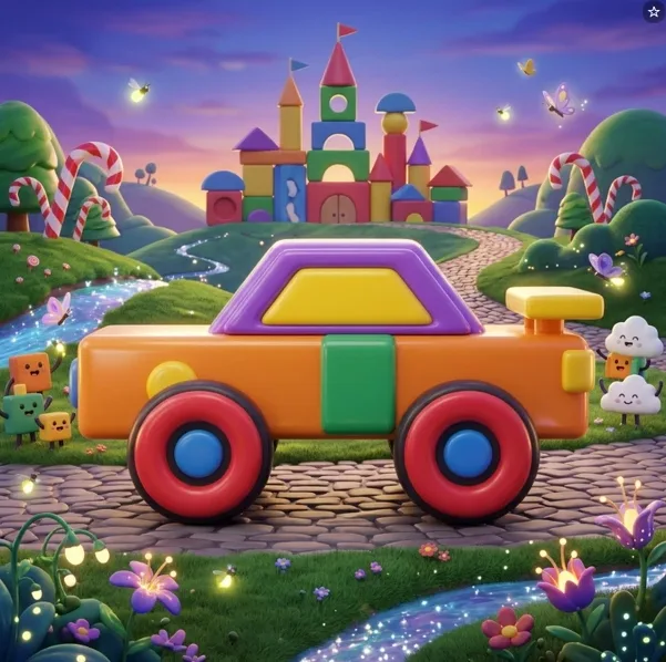 Ninzoomo creation of a block car on the path to a candy castle